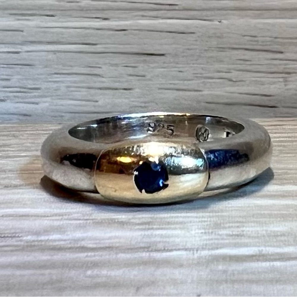 Lalaounis 1970 Greece 18K Yellow Gold/Sterling Silver Blue Sapphire Band Ring - Picture 1 of 9